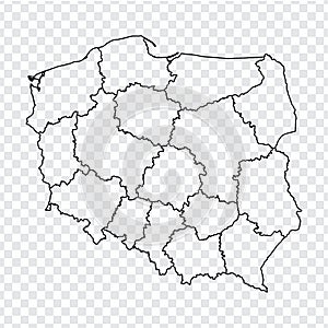 Blank map Republic of Poland. High quality map of  Poland with provinces on transparent background for your web site design, logo, photo