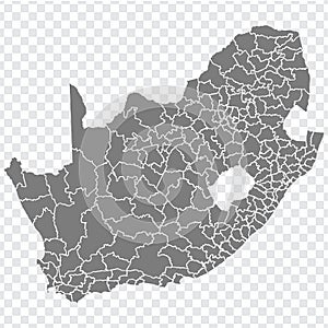 Blank map SOUTH AFRICA. Districts of SOUTH AFRICA map. High detailed gray vector map South African Republic on transparent backgro