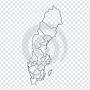 Blank map Sweden. High quality map of Sweden with provinces on transparent background for your web site design, logo, app, UI.