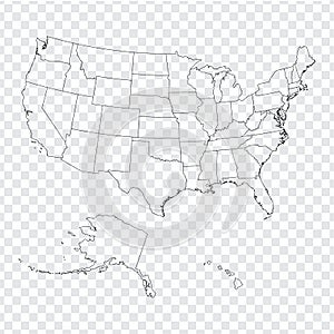 Blank map United States of America. High quality map of USA with federal states on transparent background for your web site design