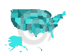 Blank map of United States of America, USA, divided into states in four shades of turquoise blue. Simple flat vector