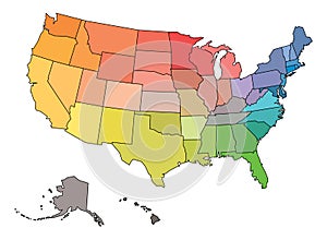 Blank map of USA, United States of America, in colors of rainbow spectrum