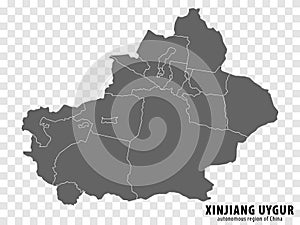 Blank map Xinjiang Autonomous Region of China. High quality map Xinjiang Uygur with municipalities on transparent background