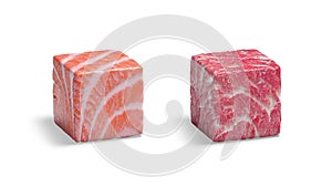 Blank meat and fish cube mockup, looped rotation