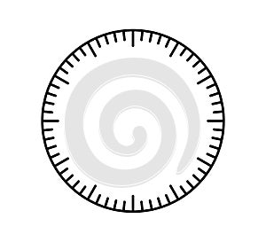 Blank mechanical clock face divided into seconds and minutes. Round meter scale. Watch dial. Timer template. Simple