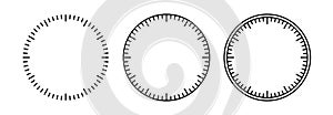 Blank mechanical clock face divided into seconds and minutes. Round meter scale. Watch dial. Timer template. Simple