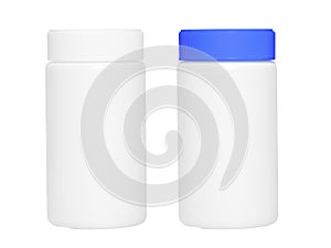 Blank medicine bottles with blue cap and white cap for capsules, vitamin or pills