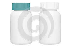 Blank medicine bottles with teal cap and white cap for capsules, vitamin or pills