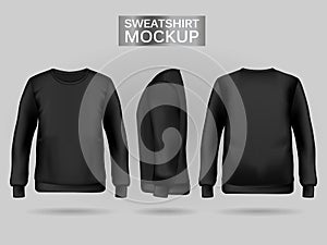 Blank men`s black sweatshirt in front, back and side views. Realistic female clothes for sport and urban style