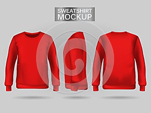 Blank men`s red sweatshirt in front, back and side views. . Realistic female clothes for sport and urban style