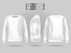 Blank men`s white sweatshirt in front, back and side views. Realistic male clothes for sport and urban style