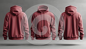 Blank mens burgundy color hoodie with long sleeve front and back view isolated on gray background