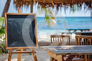 Blank menu board in front of a beach bar. Blackboard at the beach restaurant