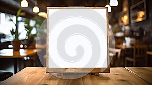 Blank menu board on wooden top table with blurred of coffee shop background. Generative Ai