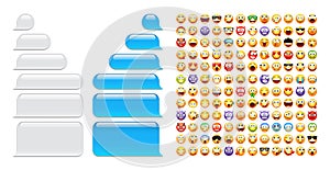 Blank message bubbles with emoji. Blue chat or messenger speech bubble. SMS text frame. Short message sending