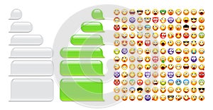 Blank message bubbles with emoji. Green chat or messenger speech bubble. SMS text frame. Short message sending