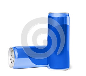 Blank metal blue cans on white background.