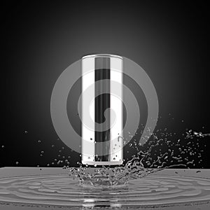 Blank metal energy drink can mock-up with water splash 3d render on dark background