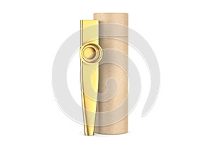 Blank metal  kazoos musical Instrument with paper tube packaging, 3d render illustration.
