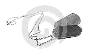 Blank metal tags hanging on chain. isolated on a white