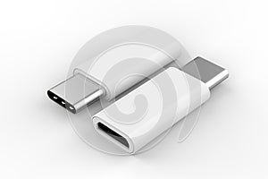 Blank Micro USB Adapter Data Charging Converter Cable Connector Android to USB Type C For Branding. 3d render illustration.