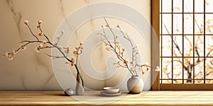 Blank minimal natural wooden dining table with twig in vase sunlight on traditional Japanese brown shoji door beige wall for