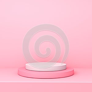 Blank minimal podium or product platform pedestal on pink pastel color wall background