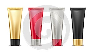 Blank mock up gold, red, silver and black tube for cosmetic product set isolated on white background, package container