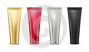 Blank mock up gold, red, silver and black tube for cosmetic product set isolated on white background, package container