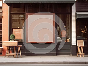 Blank mock up sign at coffee shop cafe, advertising board. Generative AI