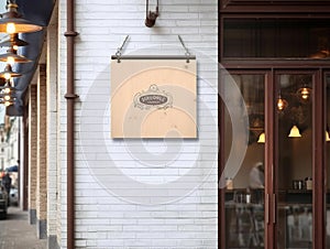 Blank mock up sign at coffee shop cafe, advertising board. Generative AI