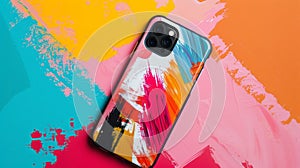 Blank mockup of a artsy abstract phone case with bold brush strokes and vibrant colors.