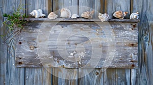 Blank mockup of a beachy pier sign with a distressed wood background and seashell embellishments.