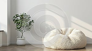 Blank mockup of a bean bag in a cozy sherpa material ideal for colder months or a cozy reading nook. photo