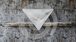 Blank mockup of a blank pennant with a distressed grungy look proudly displayed on a worn wooden shelf.