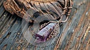 Blank mockup of a bohoinspired pendant necklace with a raw ayst crystal and macrame details.