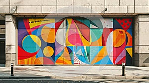 Blank mockup of a building mural showcasing a bold and abstract interpretation of a traditional mosaic pattern.