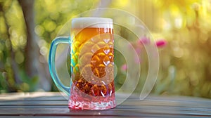 Blank mockup of a colorful plastic beer mug with a fun textured design great for outdoor events.