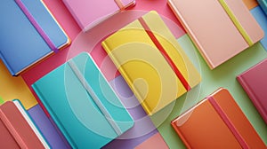 Blank mockup of a colorful set of softcover notebooks each one containing different sections for notetaking. photo