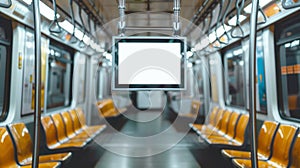 Blank mockup of a digital poster frame installed on the overhead compartments of a train.