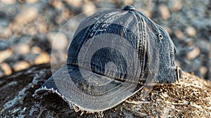 Blank mockup of a distressed denim baseball cap with a frayed brim and buckle closure.