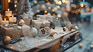 Blank mockup of a festive stall selling unique and oneofakind Christmas ornaments made from recycled materials.