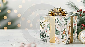 Blank mockup of a gift box with a whimsical holiday theme featuring festive illustrations and a gold bow.