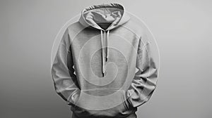 Blank mockup of a gray pullover hoodie with a kangaroo pocket and ribbed cuffs.