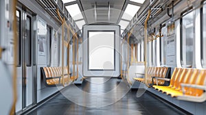 Blank mockup of a modern poster frame positioned above the seats of a light rail train. photo