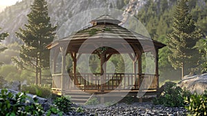 Blank mockup of a mountain retreat park gazebo decorated with rustic and woodsy wraps. photo