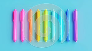 Blank mockup of a pack of eight neon highlighters in a variety of bold and bright colors for fun notetaking. photo