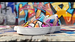 Blank mockup of a pair of slipon sneakers with a bold graffiti design and metallic accent