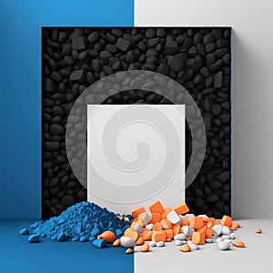 Blank mockup of poster billboard on blue flames and orange mist, white pebbles and black cubes AI generation