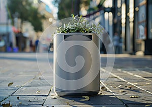 Blank mockup of a public trash can with a builtin deodorizer to eliminate unpleasant smells. photo